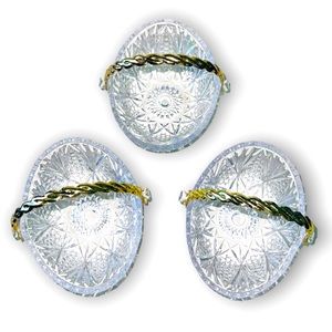 3 VTG Mikasa Tender Rose Glass Easter Baskets egg shape Candy Dish Gold Handles